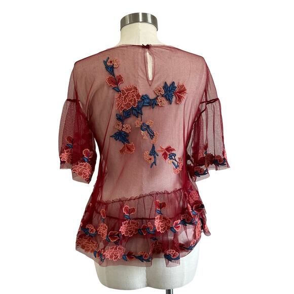 Zara Floral Embroidery Maroon Boho Mesh Peplum Blouse Size M - Picture 3 of 7